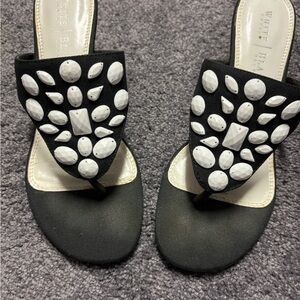 White House Black Market Black Sandal Thong with White Gem Accents